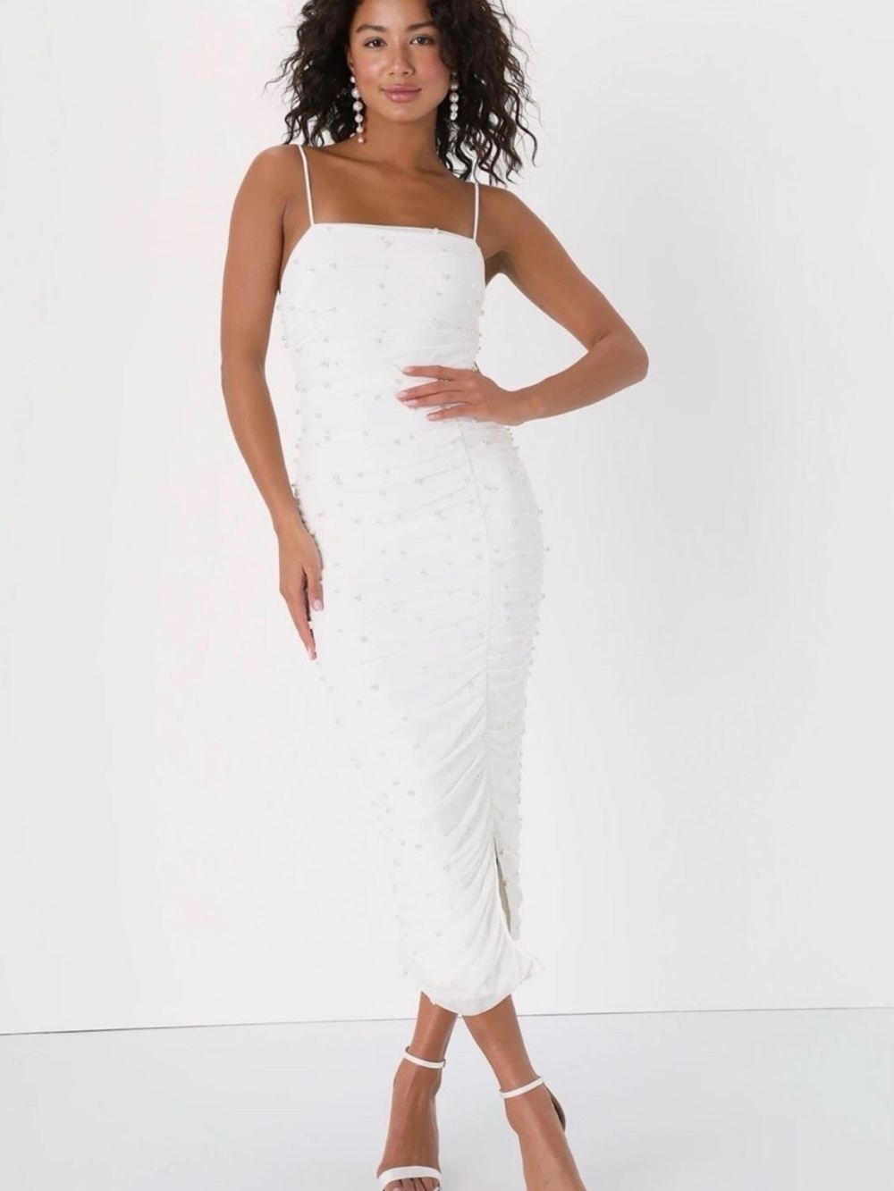 Lulu's White Beaded Ruched Midi Dress with Spaghetti Straps